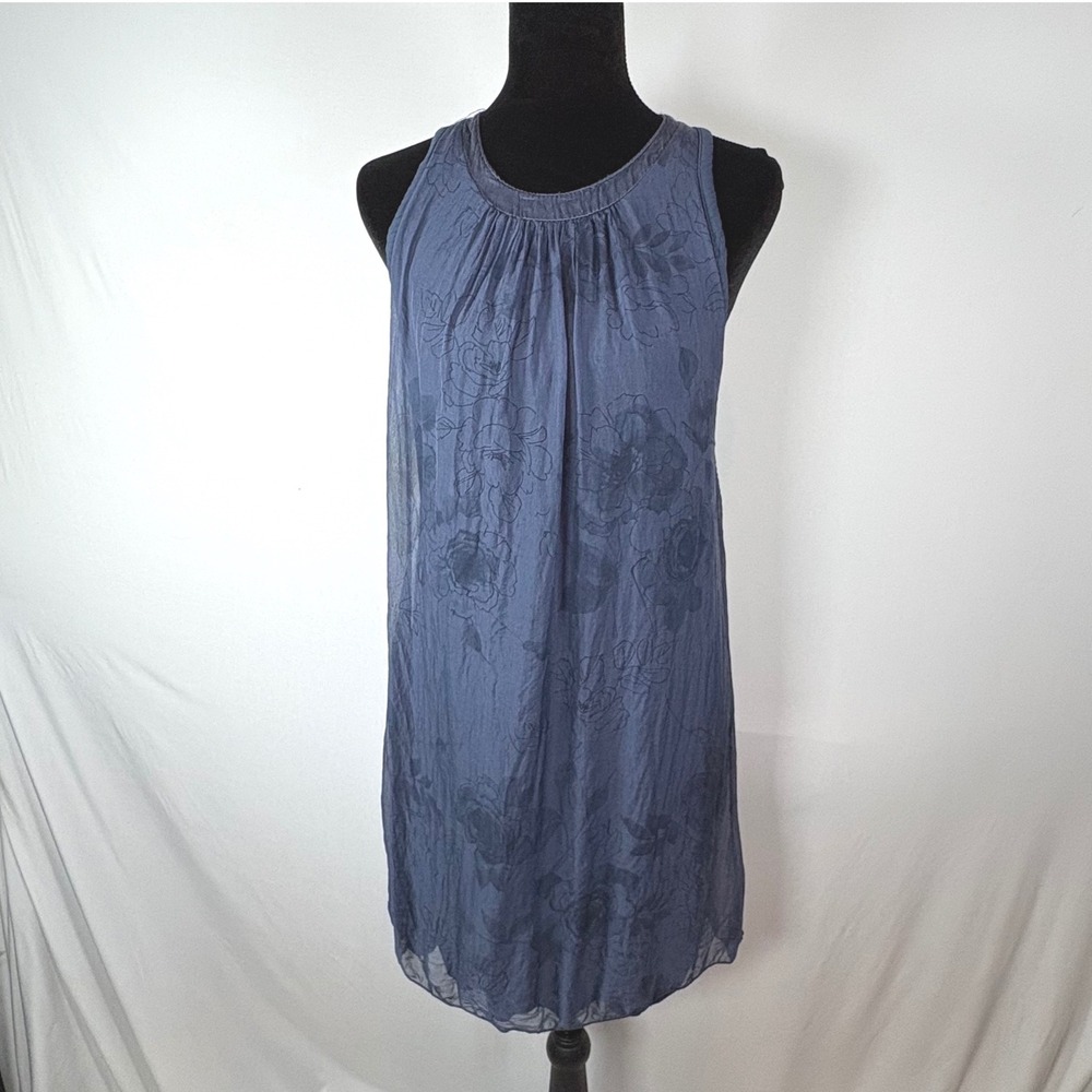 H Trend Silk Mini Dress XS Blue Floral Sleeveless Shift Made in Italy Boho